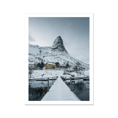 Snowy village on Sakrisøy island, Norway Fine Art Print