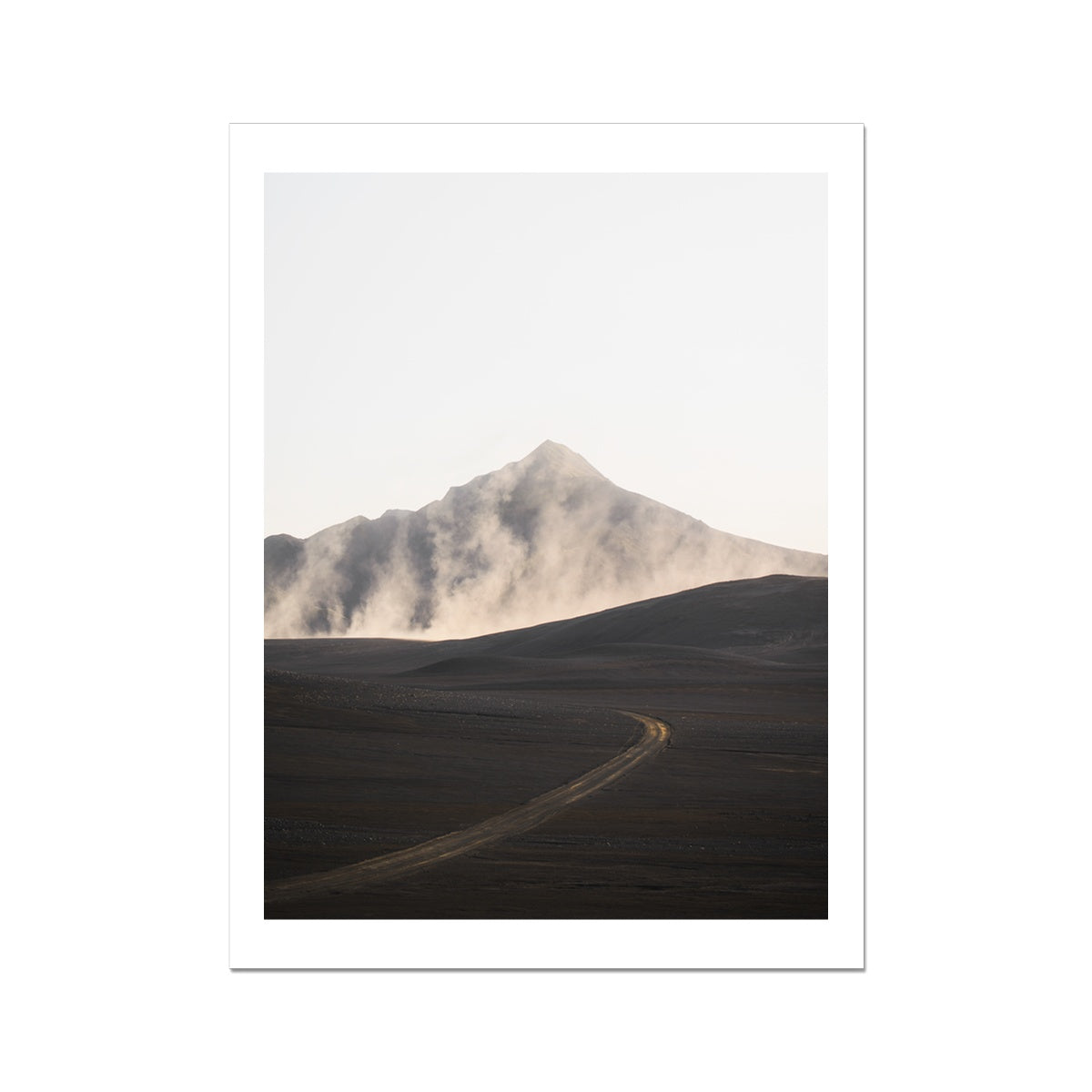 Curve road with a misty volcanic drone shot Fine Art Print