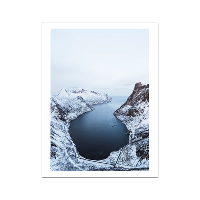 Drone shot of snowy mountains in Norway indented with Fjords  Fine Art Print